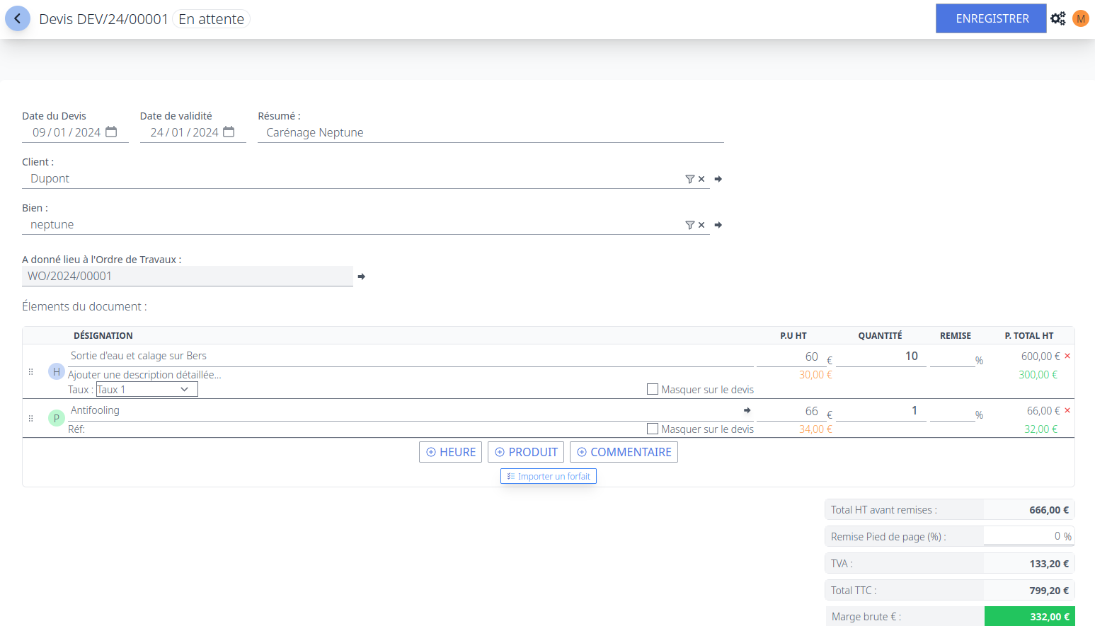 Écran devis dans Nooti.cc