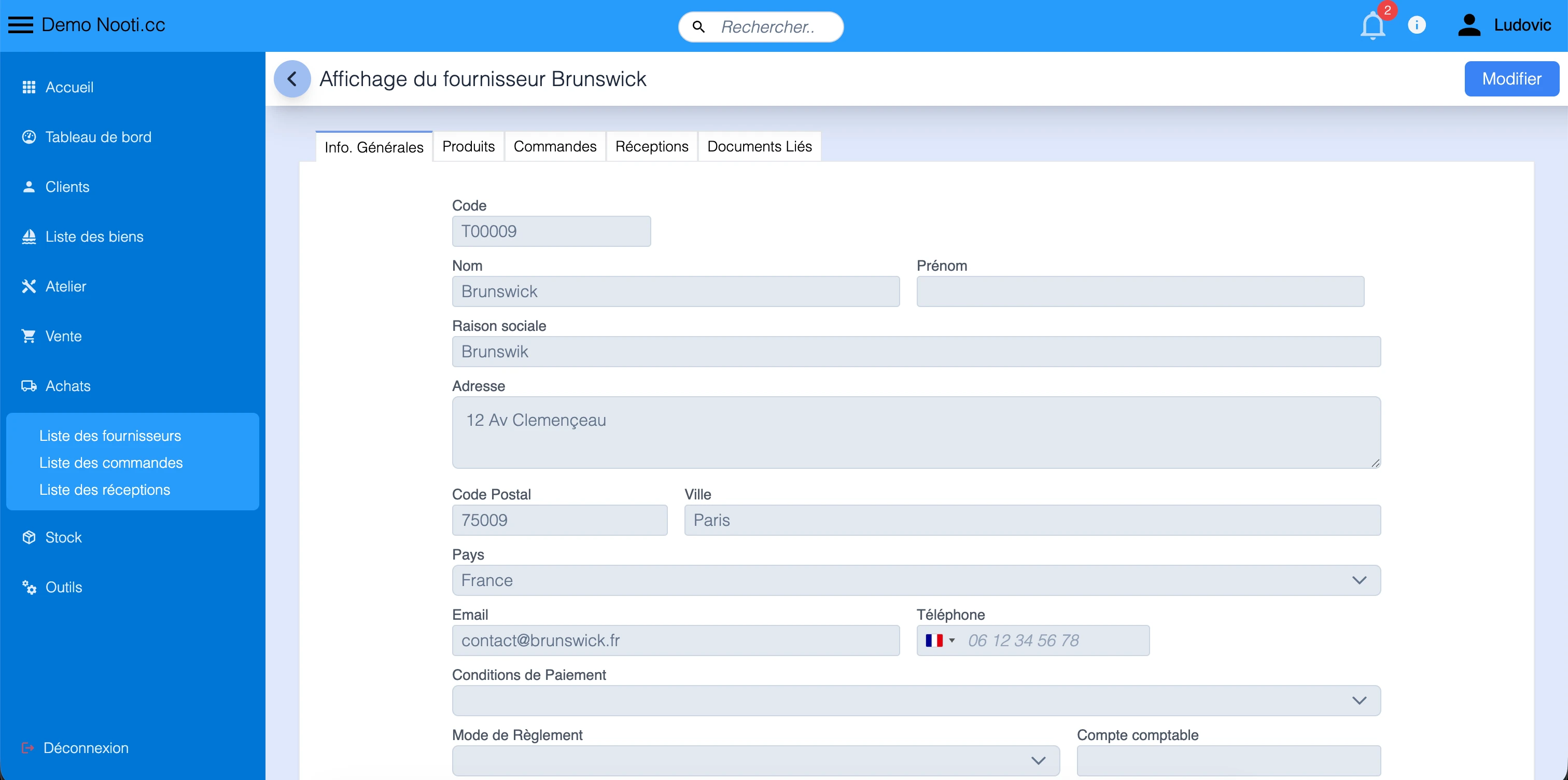 Fiche fournisseur dans Nooti.cc